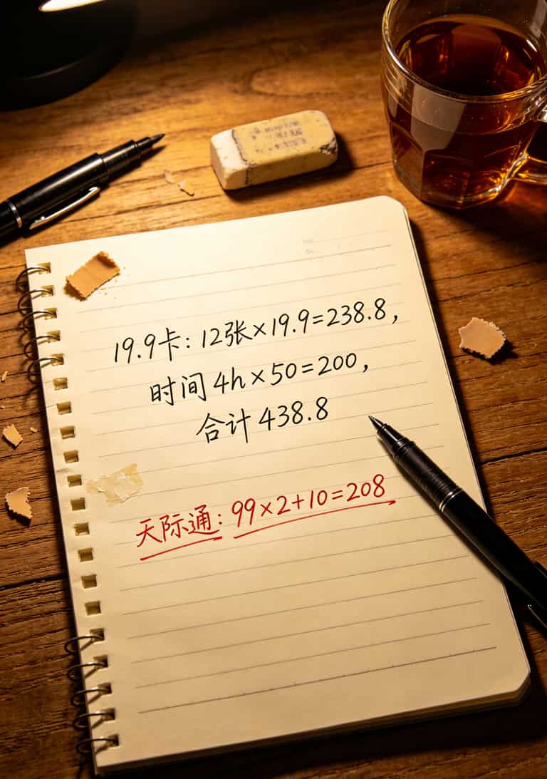 手写计算笔记，红笔标出438.8元和208元的对比