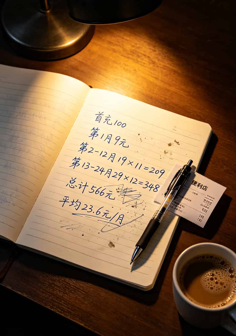 手写的两年话费成本计算草稿，写着566元和23.6元每月