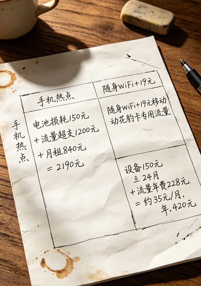 一年成本对比图表，手机热点 vs 随身WiFi