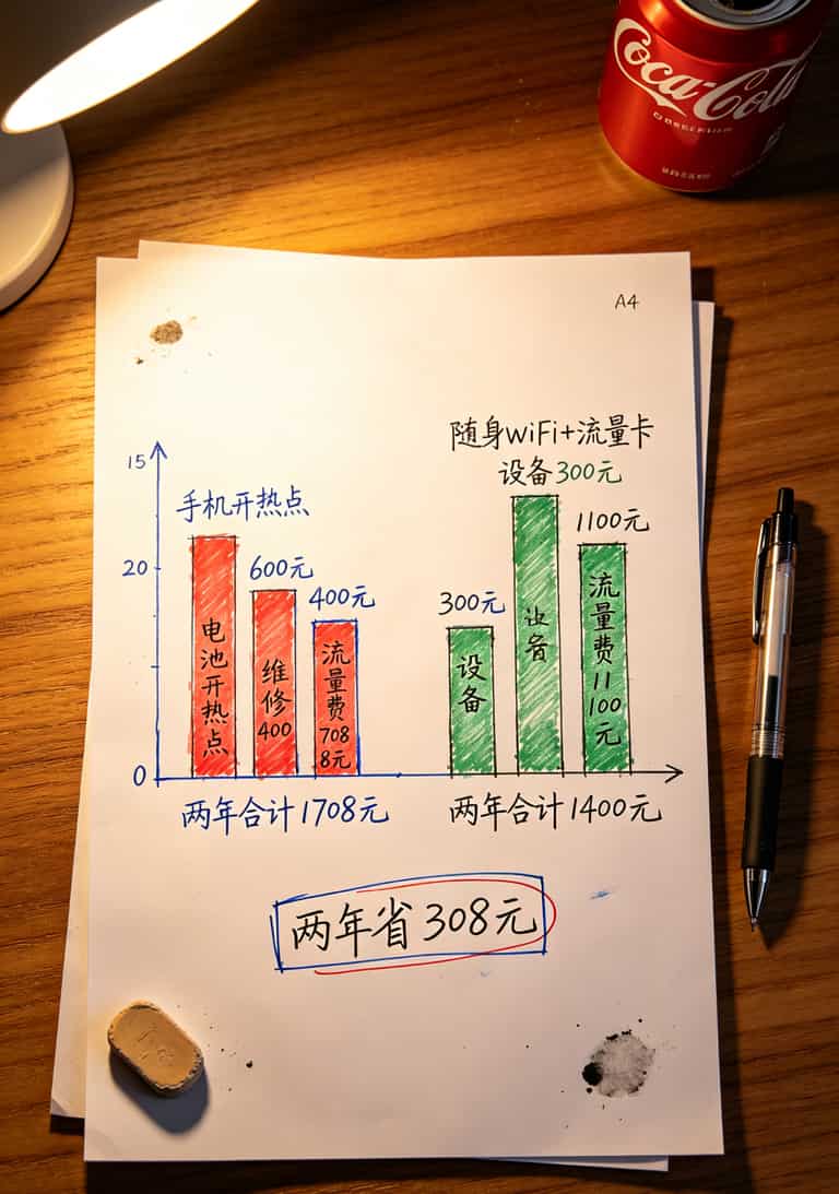 4g手机流量卡多少钱一个月?我花了三个月华强北实测,告诉你9块到199块哪个最坑 手机开热点与随身WiFi方案两年成本对比柱状图