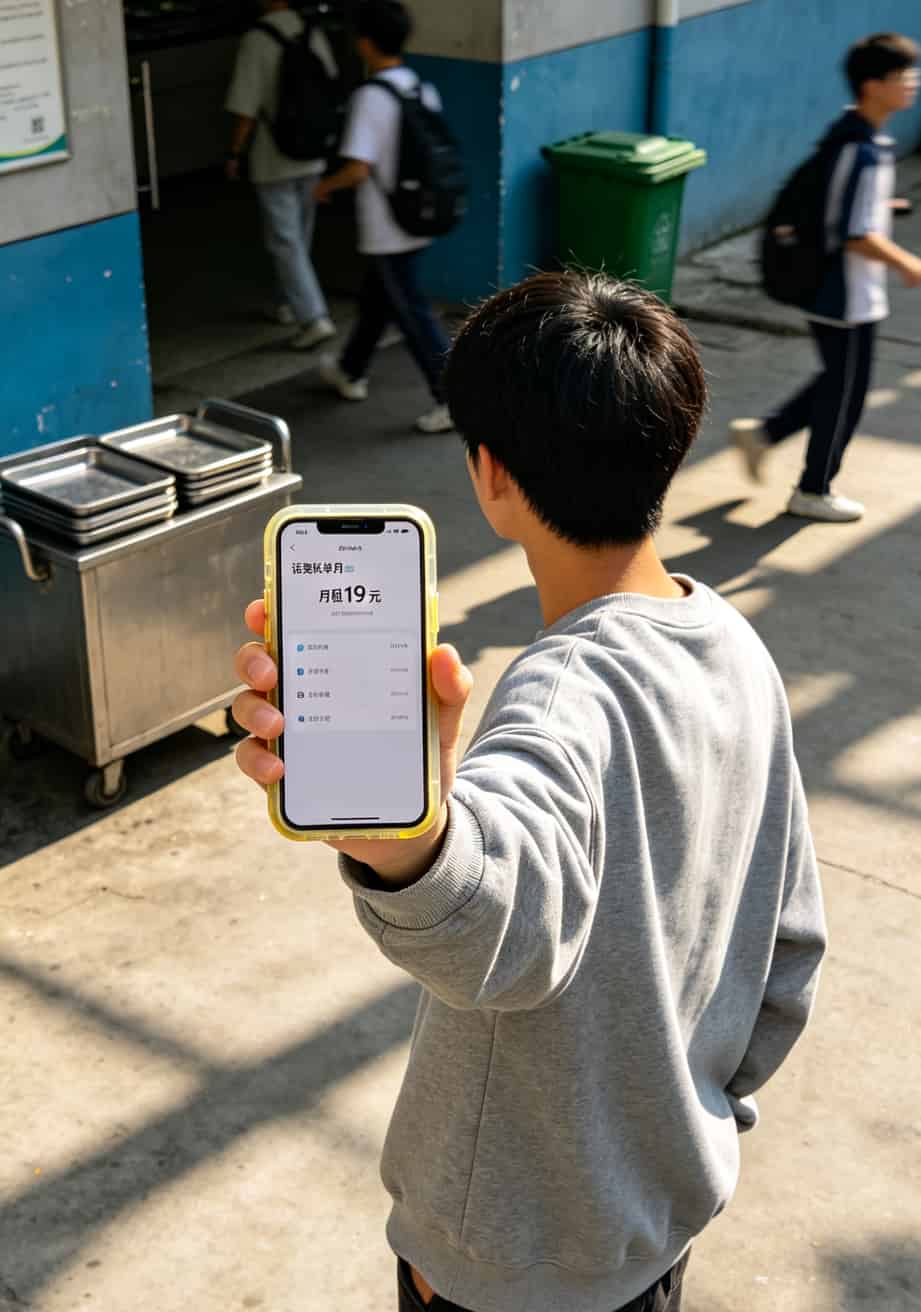 大学食堂门口学生拿出手机展示话费账单