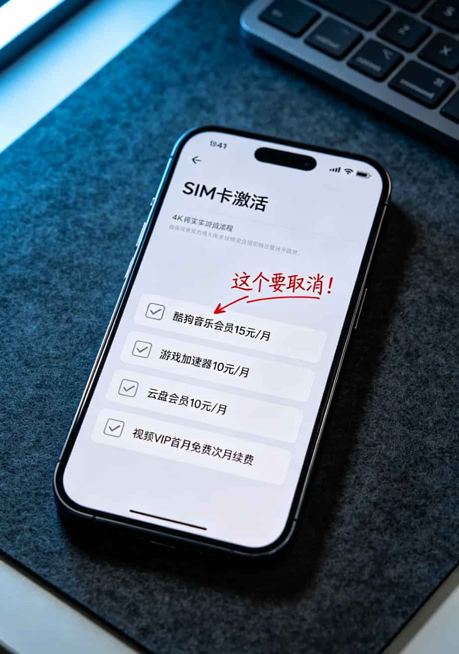 39元电信流量卡 #流量卡避坑 #长期流量套餐 #电信星卡 #低价流量卡真相 激活页面默认勾选的会员服务截图,红框标注取消按钮