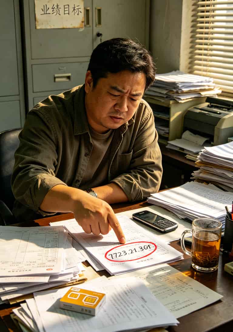 电话卡能改成流量卡吗?19元150G套餐实测:省下80块话费的秘密,没人告诉你 老周正在查看手机套餐账单,背景是堆满文件的办公桌