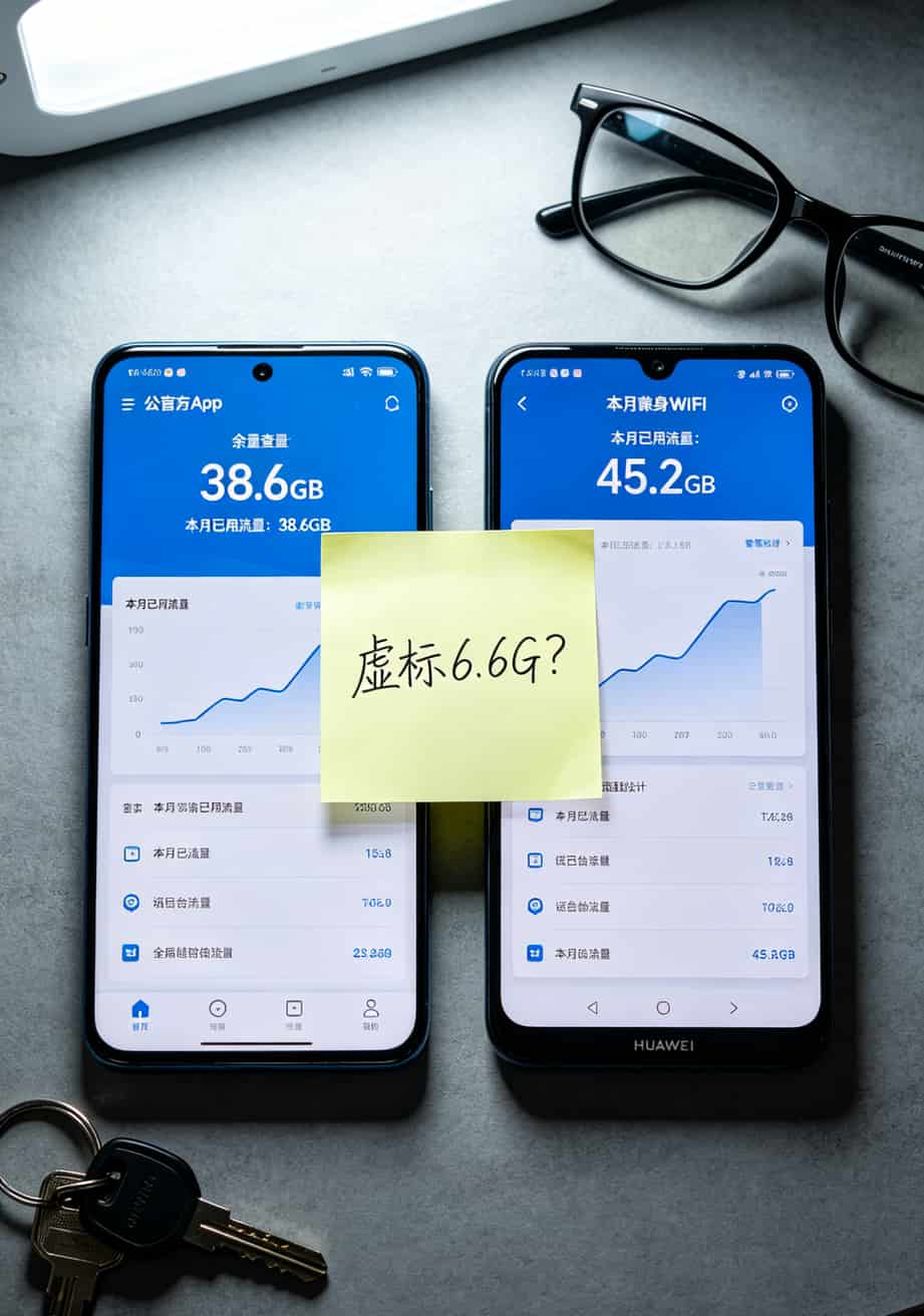跑了9张卡亏了400块,终于搞懂电讯流量卡哪个价格低(2026实测) 手机截屏,左边是运营商官方APP的流量统计,右边是华为后台统计,数字相差15%