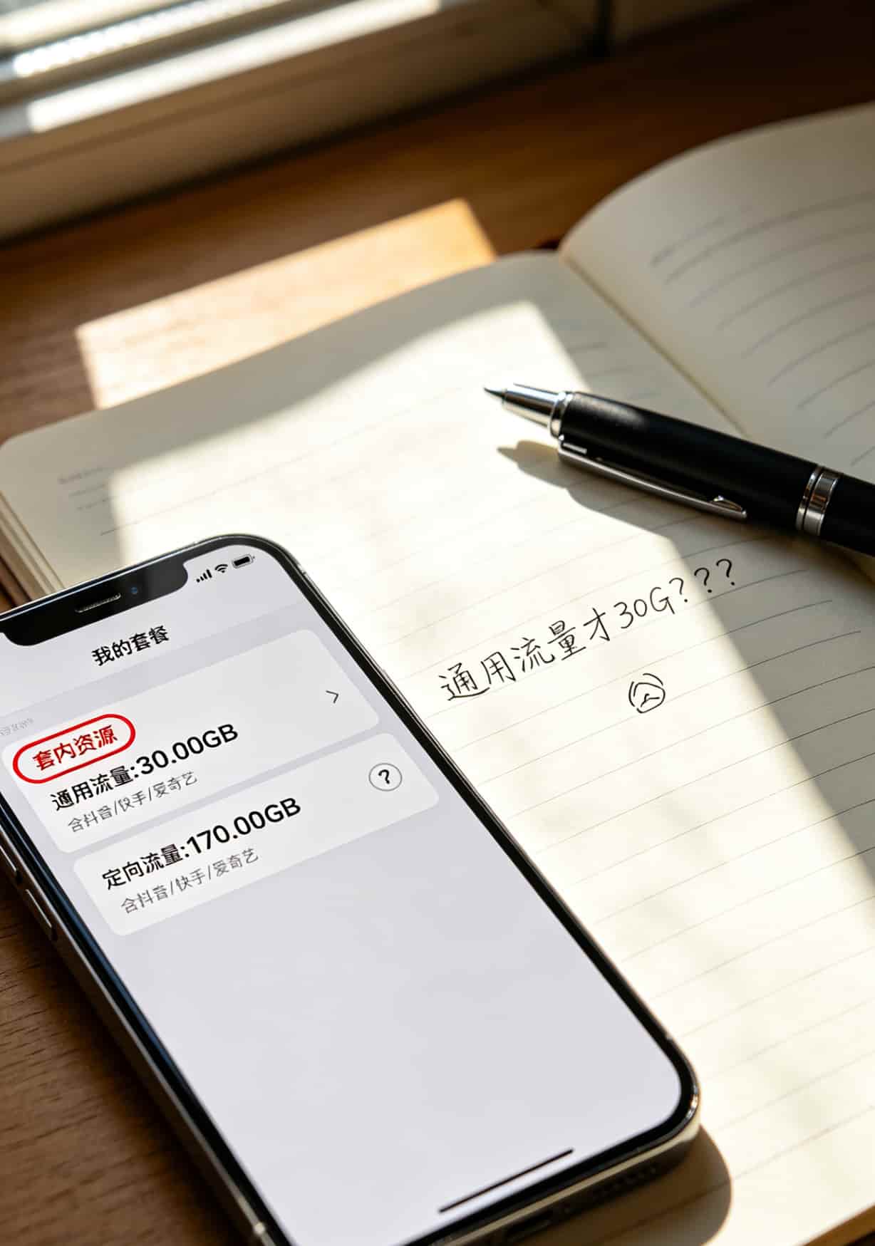 运营商App套餐详情截图，标注通用流量和定向流量的区别