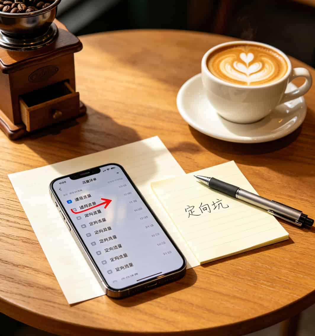 手机详单截图，某条流量被标注为“通用”而非预期“定向”