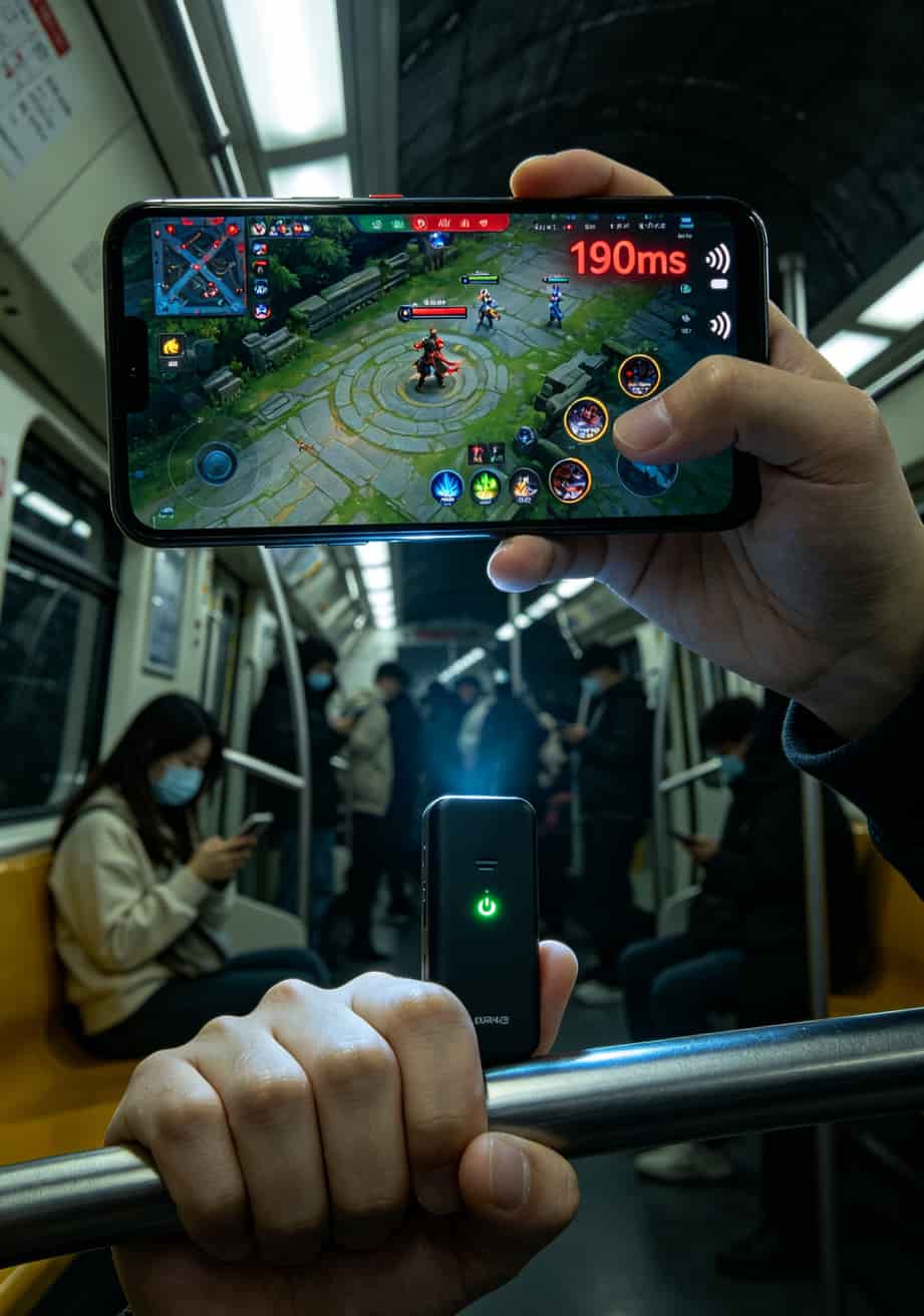 地铁车厢内手持随身WiFi，手机屏幕显示王者荣耀延迟190ms