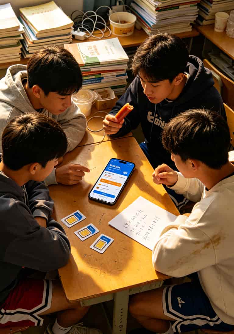 大学宿舍里四个男生围着手机看套餐详情，桌上放着几张SIM卡
