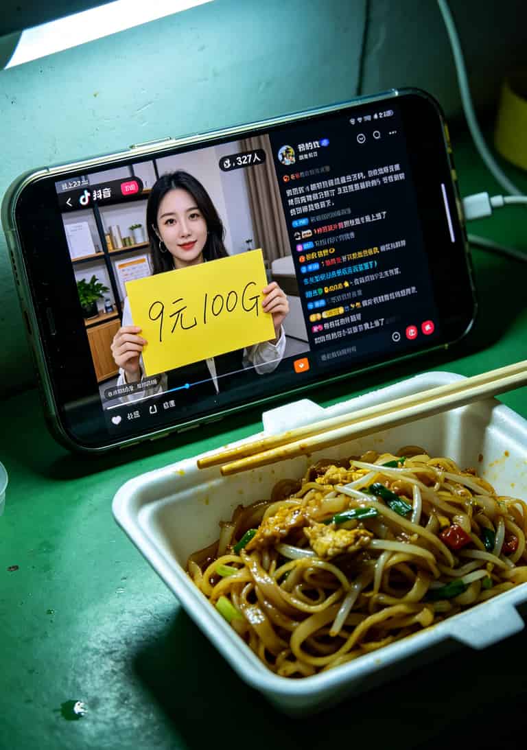 流量卡1g的到底多少钱?我亏了1000块后,给你10条大实话 抖音直播间截图,主播举着“9元100G”的牌子,评论区和弹幕全是“假的”“坑”