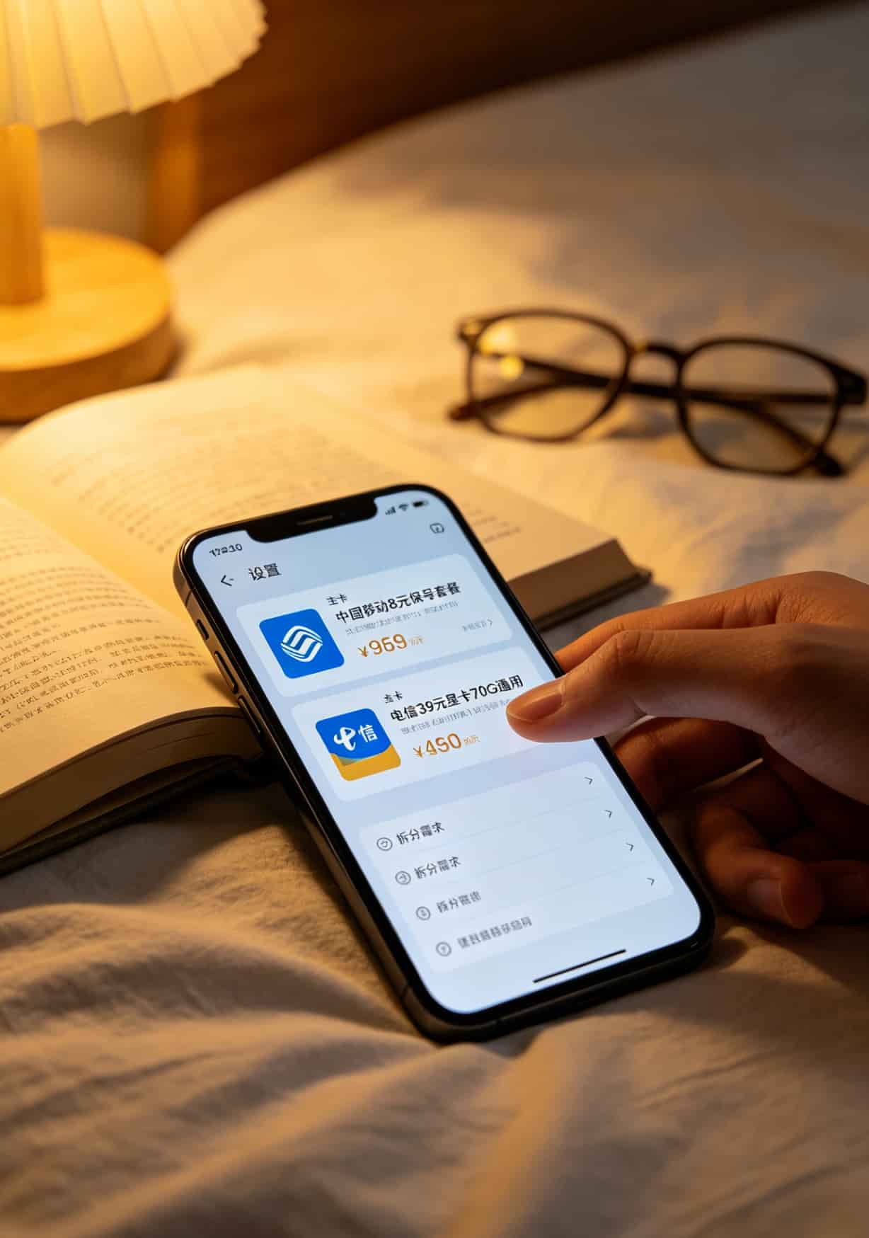 双卡双待手机设置截图，主卡显示中国移动8元套餐，副卡显示电信39元套餐