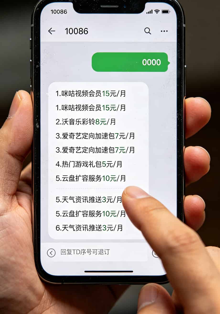 流量卡推荐,说句难听的,19元100G就是给韭菜准备的(附真实避坑法) 编辑短信0000发送到运营商查询增值业务的手机截图