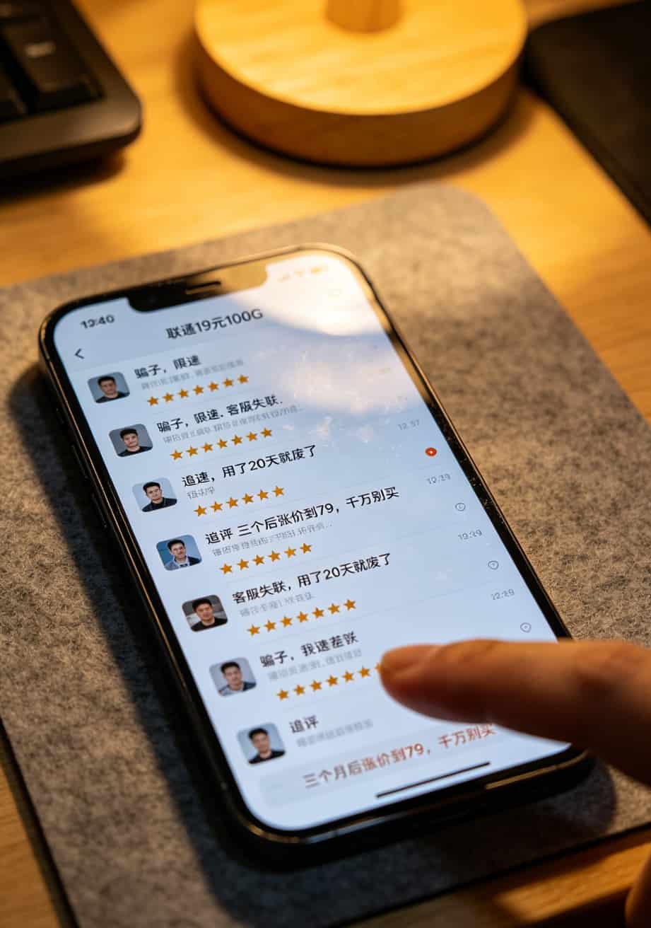 某电商平台19元流量卡差评截图，多名用户留言“骗子”“限速”