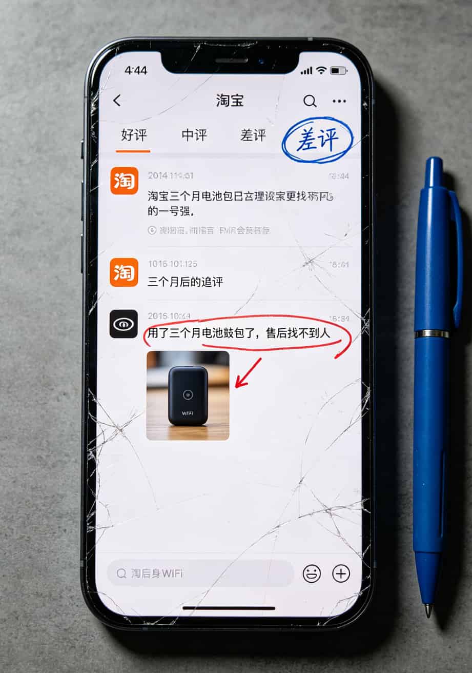 笔记本电脑能用流量卡吗?我折腾了半年,800块学费换来的大实话 电商评论页面截图,用箭头标出“追评”和“差评”入口