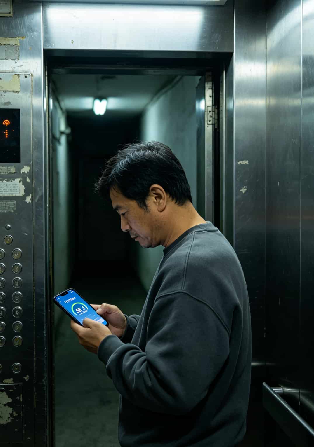 用户拿着手机在电梯里看信号满格