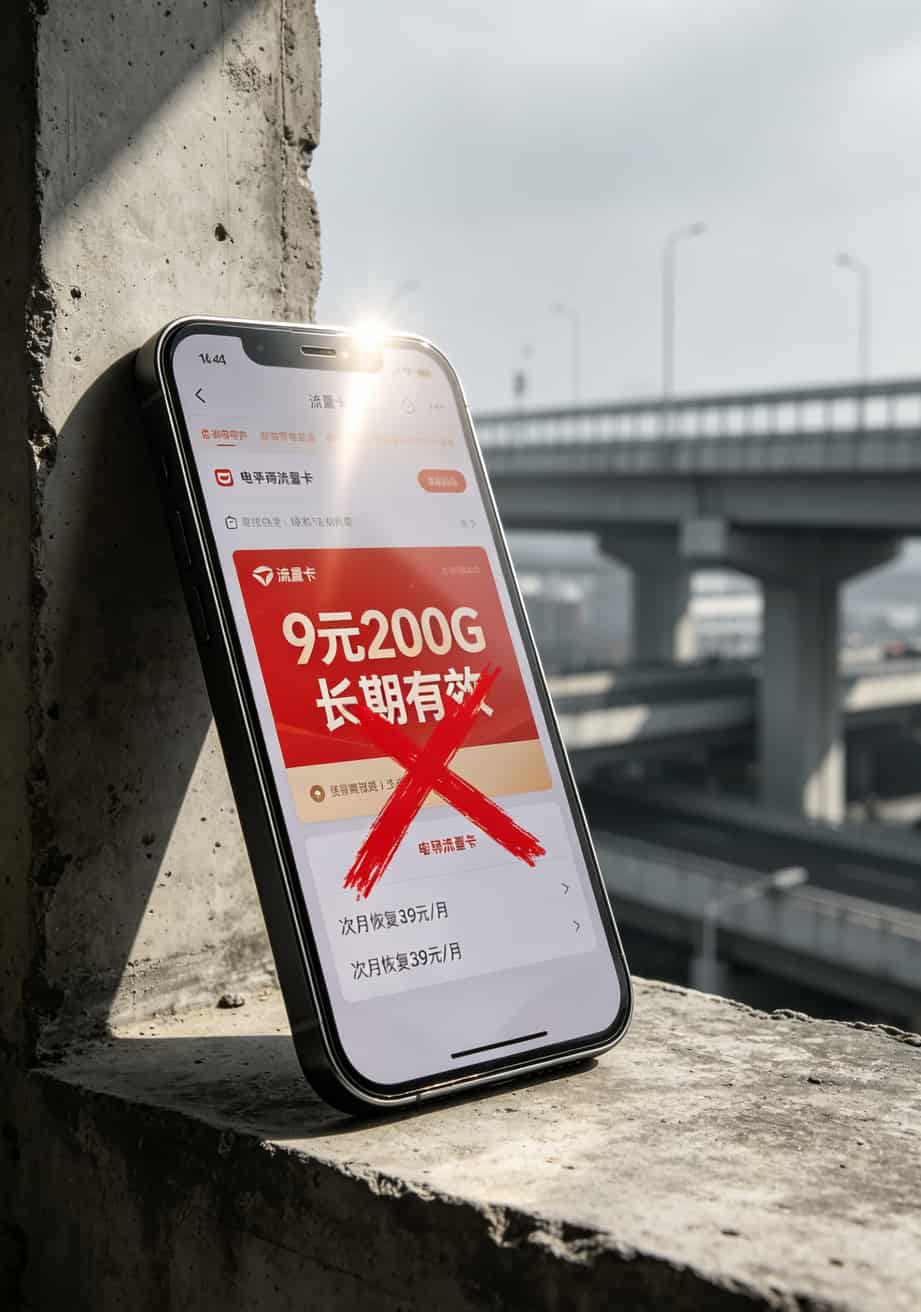 跑了8年业务,换了4台华为随身WiFi,最后还是这张“长期19元月租流量卡”治好了我的焦虑 一张写满红色叉号的欺诈广告截图,标注“9元200G”