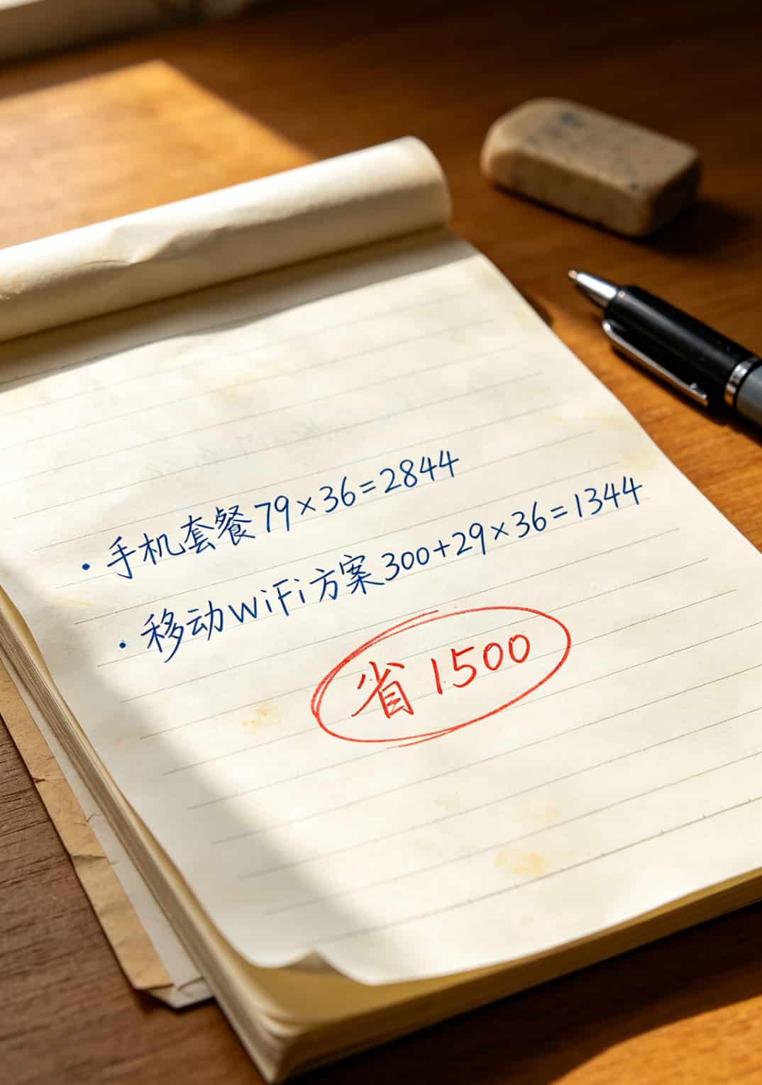 三年费用对比计算表格手写版，显示省1500元