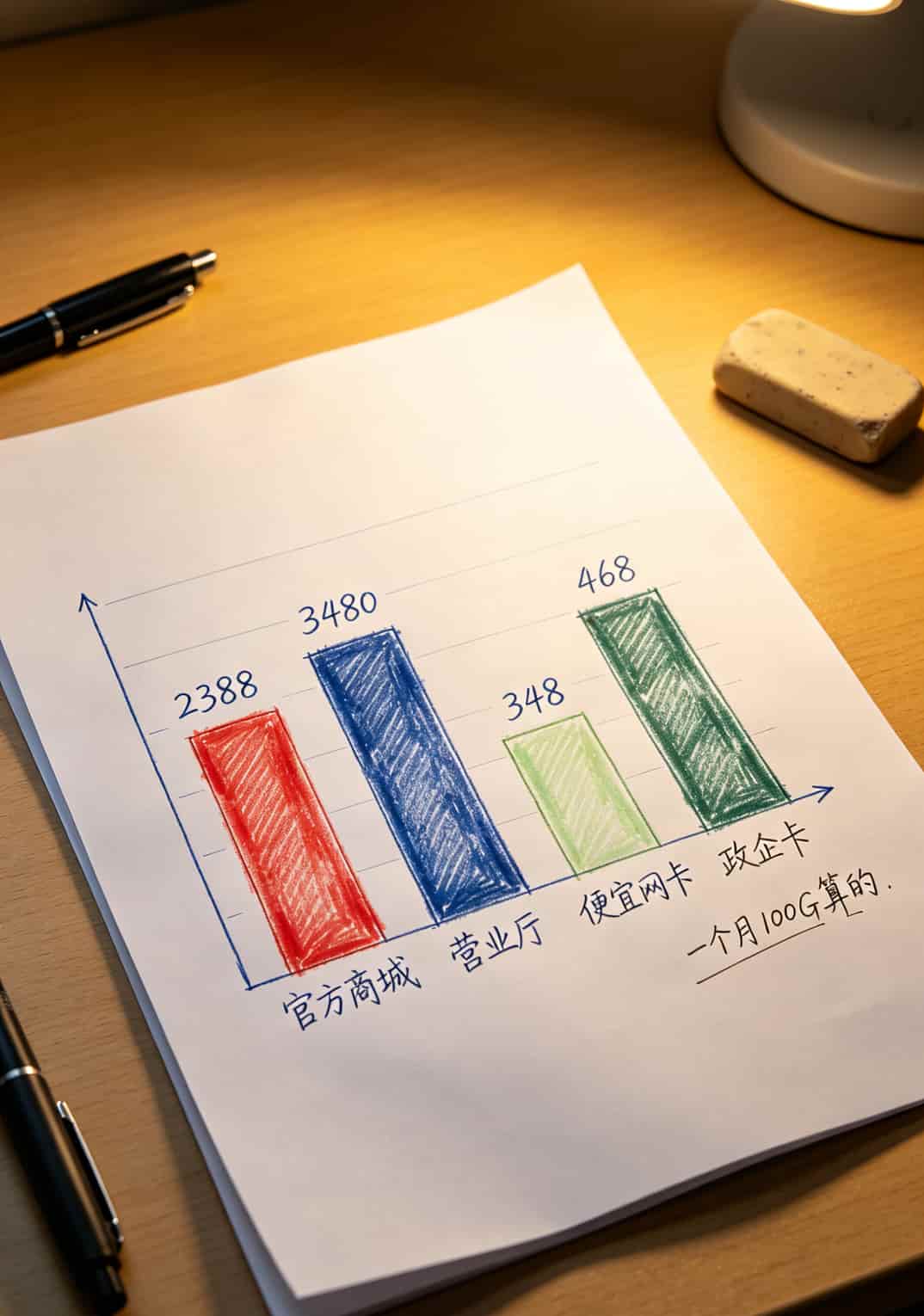 办什么流量卡比较便宜?实测7张卡后告诉你,这俩最划算 流量费用年成本对比柱状图,官方商城2388元、营业厅3480元、便宜网卡348元、政企卡468元