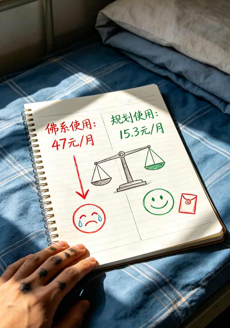 手绘对比图，左边是“佛系使用”每月47元，右边是“规划使用”每月15元