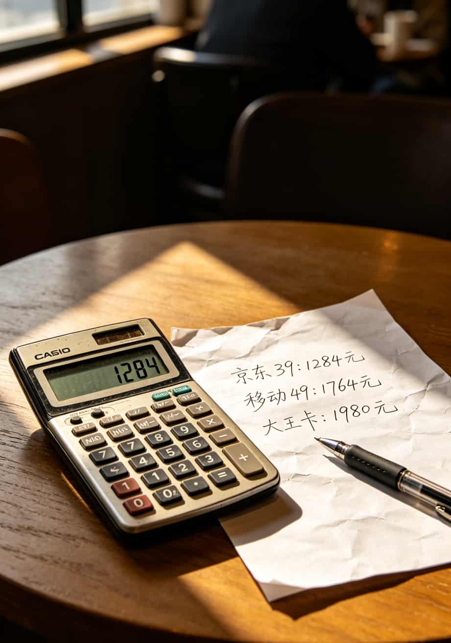 跑了三趟营业厅,终于搞懂办理移动流量卡哪个最划算了(附10个野路子) 计算器界面截图,显示三种套餐三年总费用对比条形图,京东校园卡1284元最低
