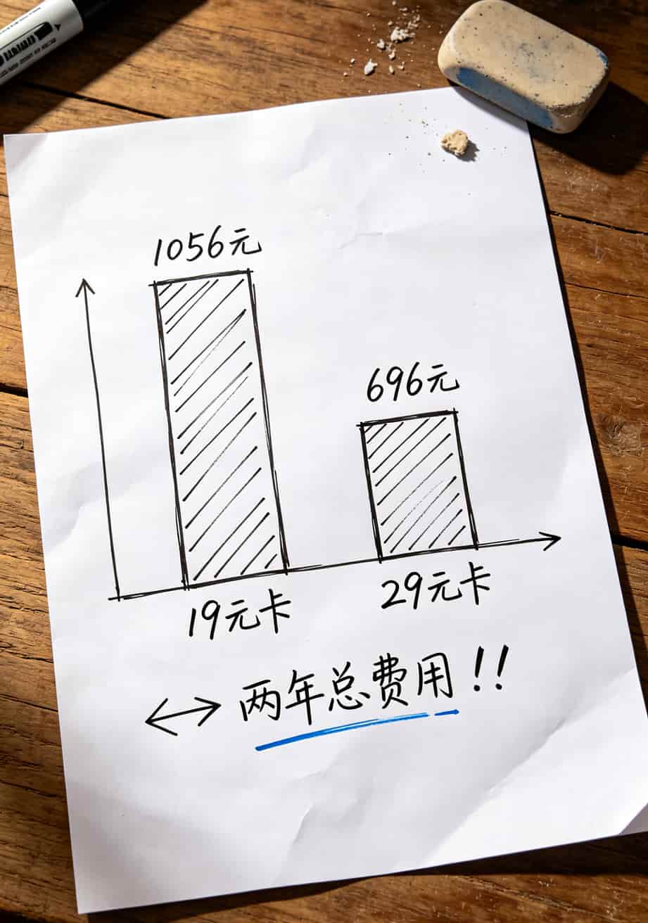 两年费用对比表格图，19元卡vs29元卡总费用柱状图
