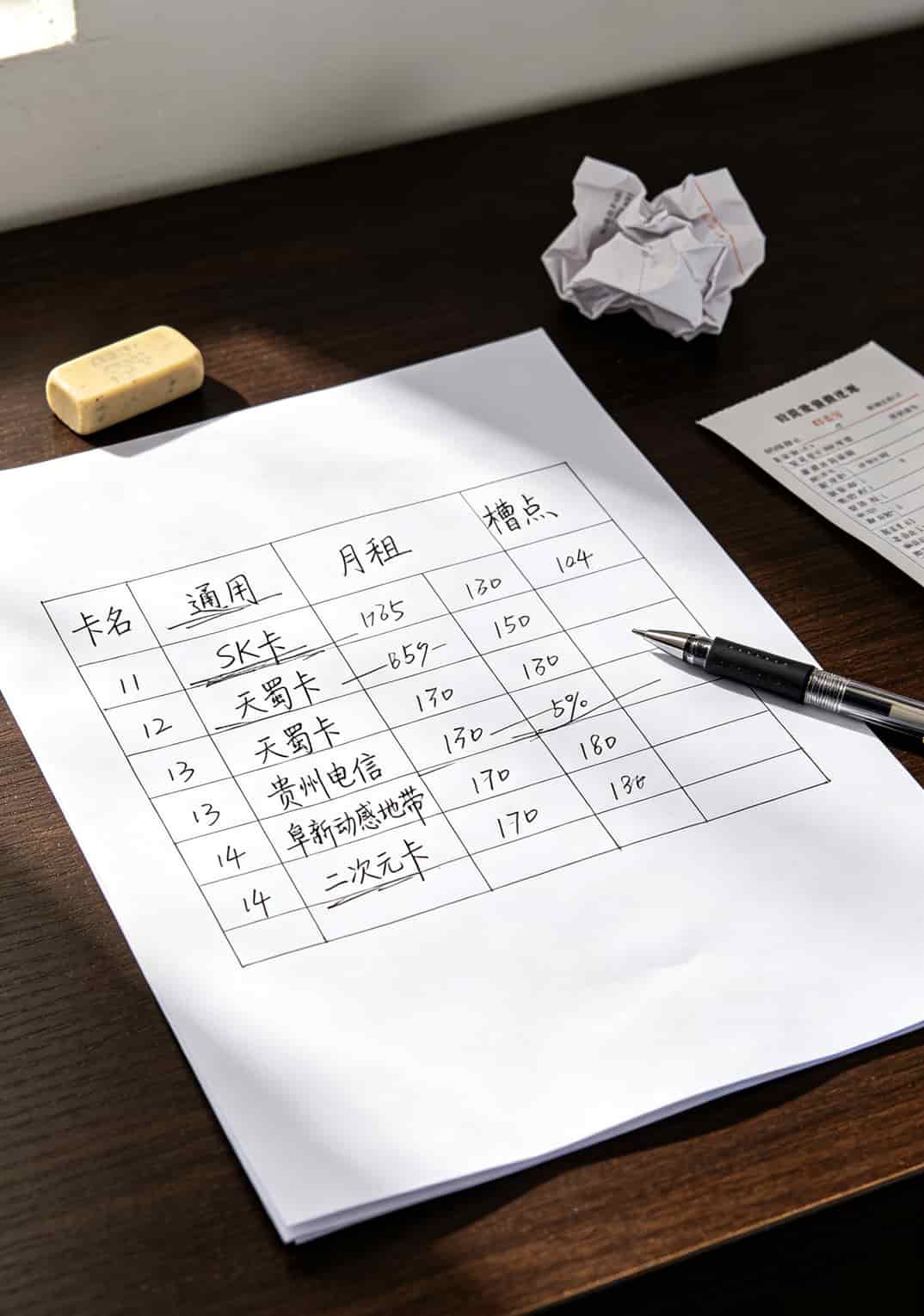 五张手机卡的对比表格，列出通用流量、月租、槽点三列