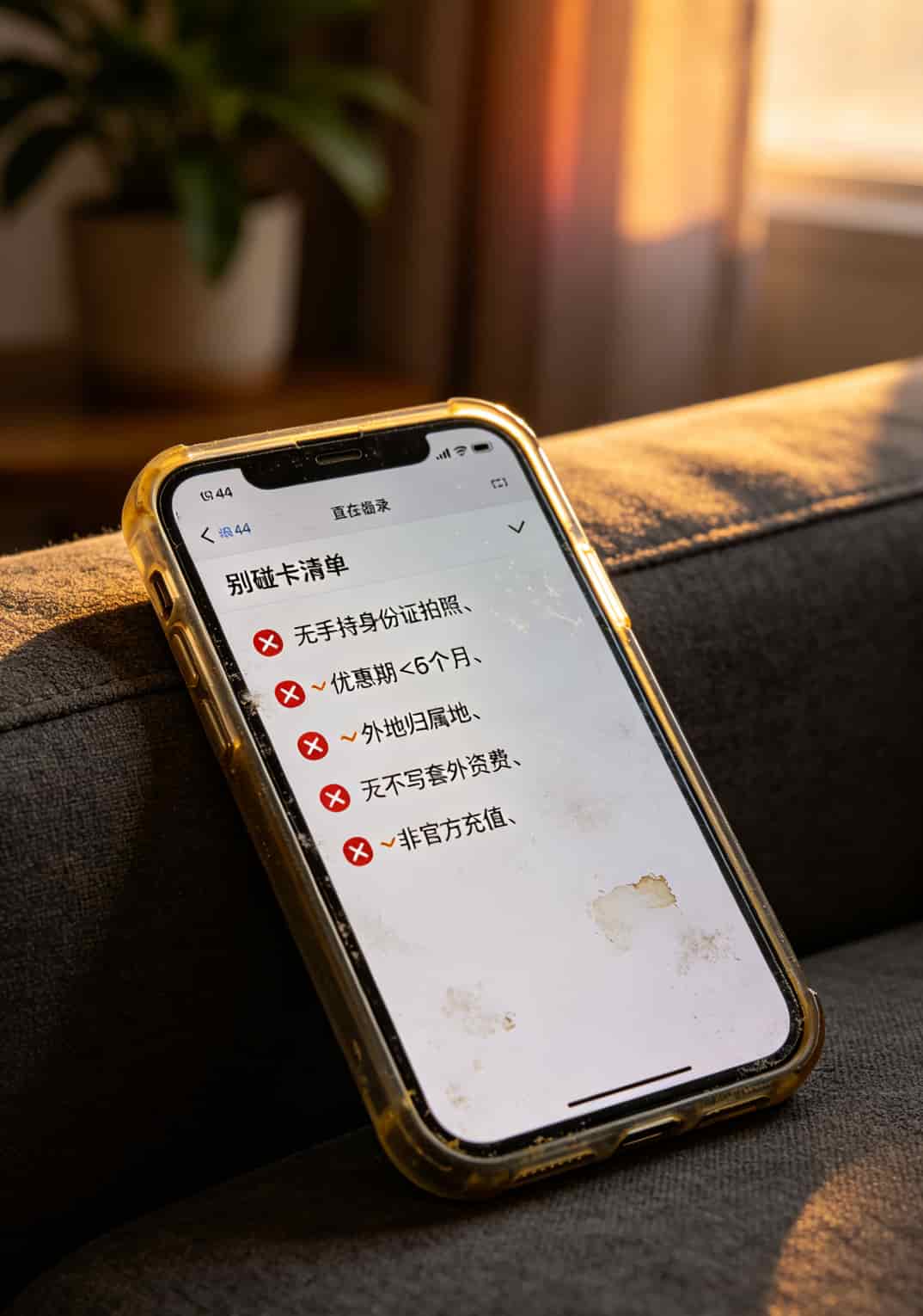 手机屏幕截图显示一张红色叉叉清单，列出五类不可办的卡