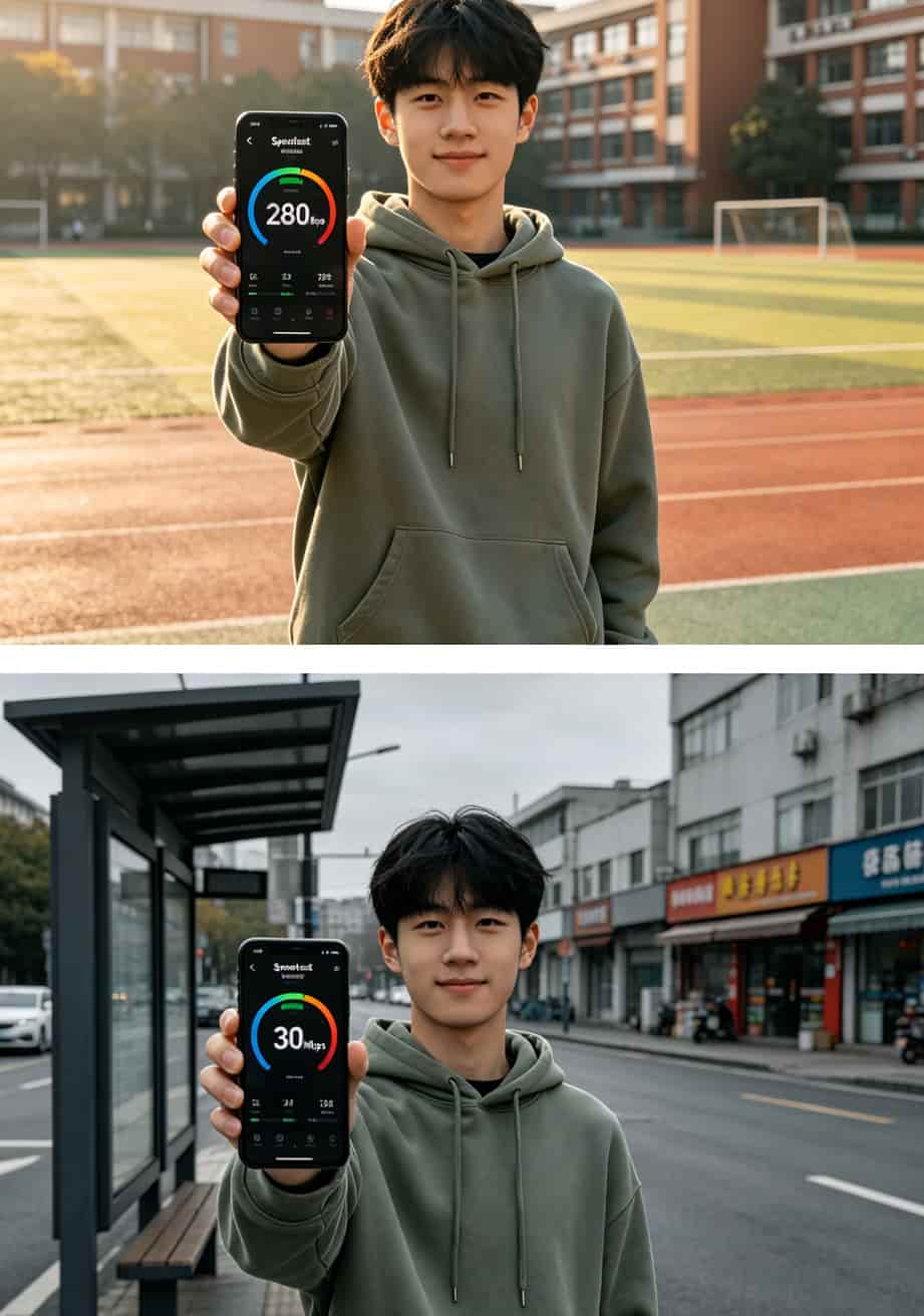 阜新某大学校园内测速截图显示280Mbps，校外3公里测速显示30Mbps