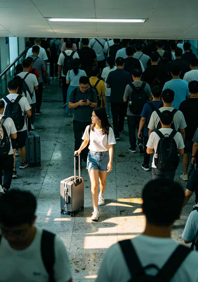 珠海拱北口岸过关前往澳门的游客人群