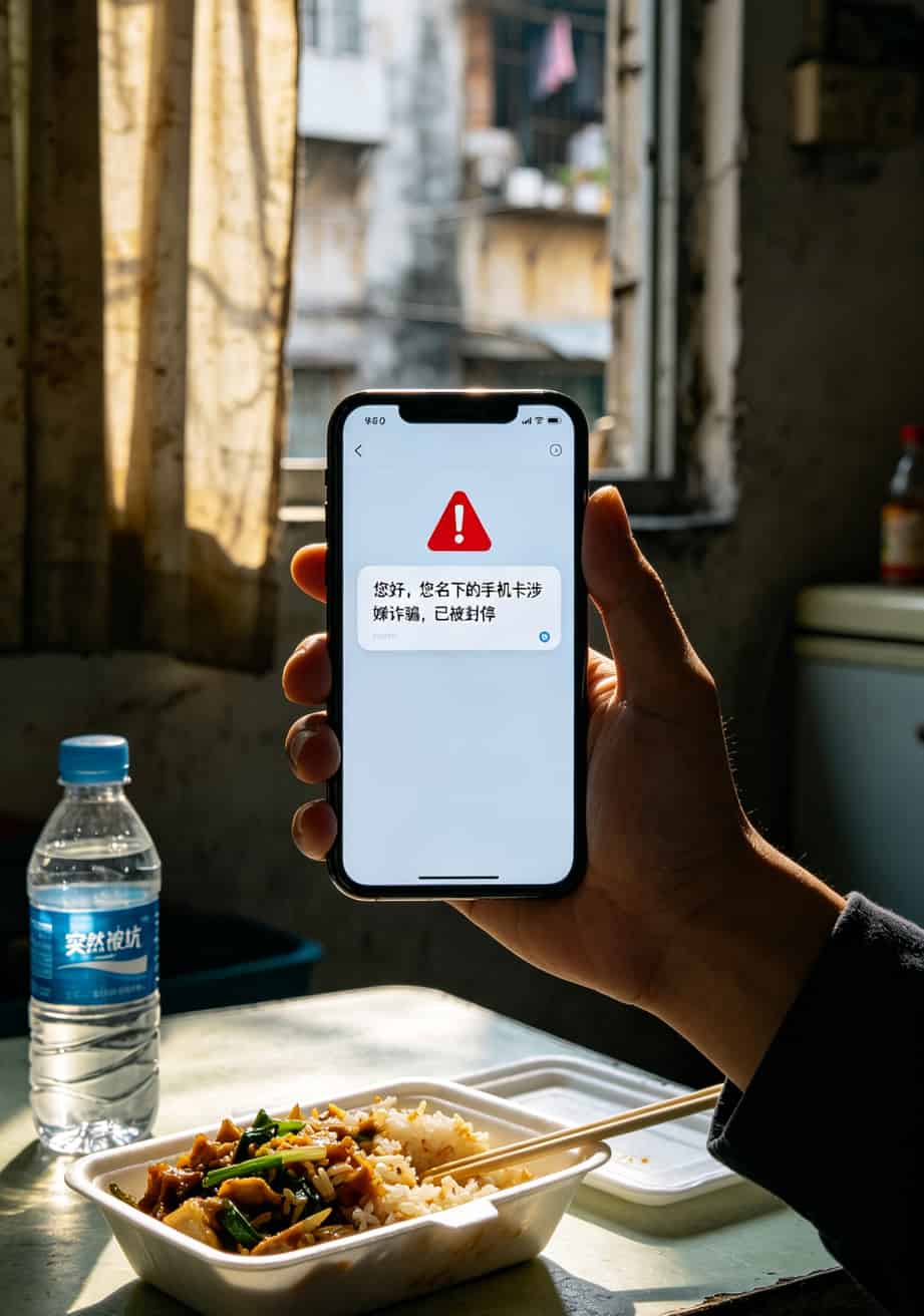 广州阿杰收到的诈骗短信截图，显示“您的手机卡涉嫌诈骗已被封停”