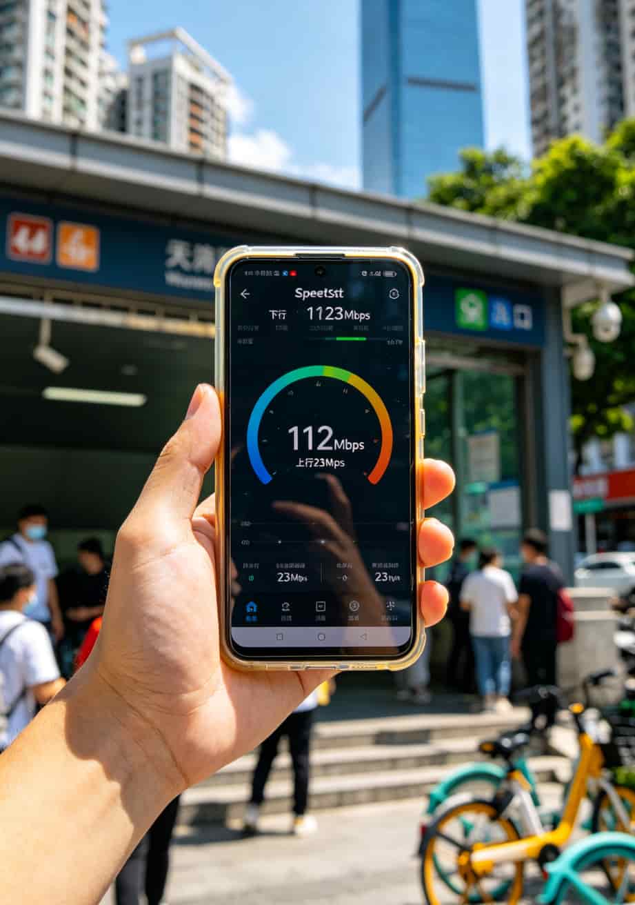 华为随身WiFi配啥电话卡流量卡移动最省钱?我用了6张卡踩遍所有坑,这份避坑清单你收好 广州天河体育西附近实测网速112Mbps的手机截图