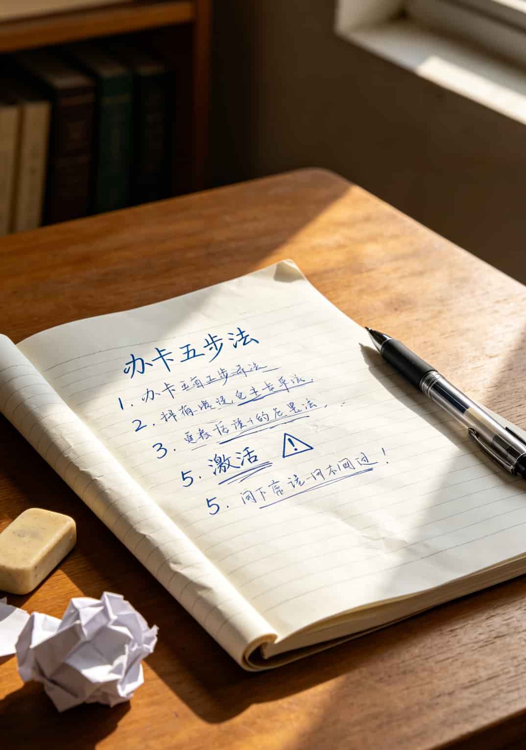用了8年流量卡,终于敢说透“流量卡29元永久套餐”的真相 一张手写的五步法清单,字迹有点潦草,旁边放着一支笔