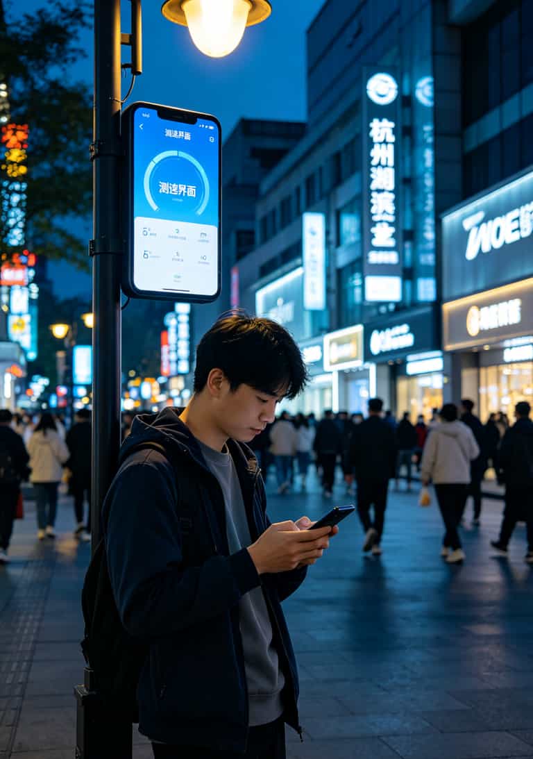 杭州湖滨银泰商圈实拍图，配文字标注晚高峰测速地点