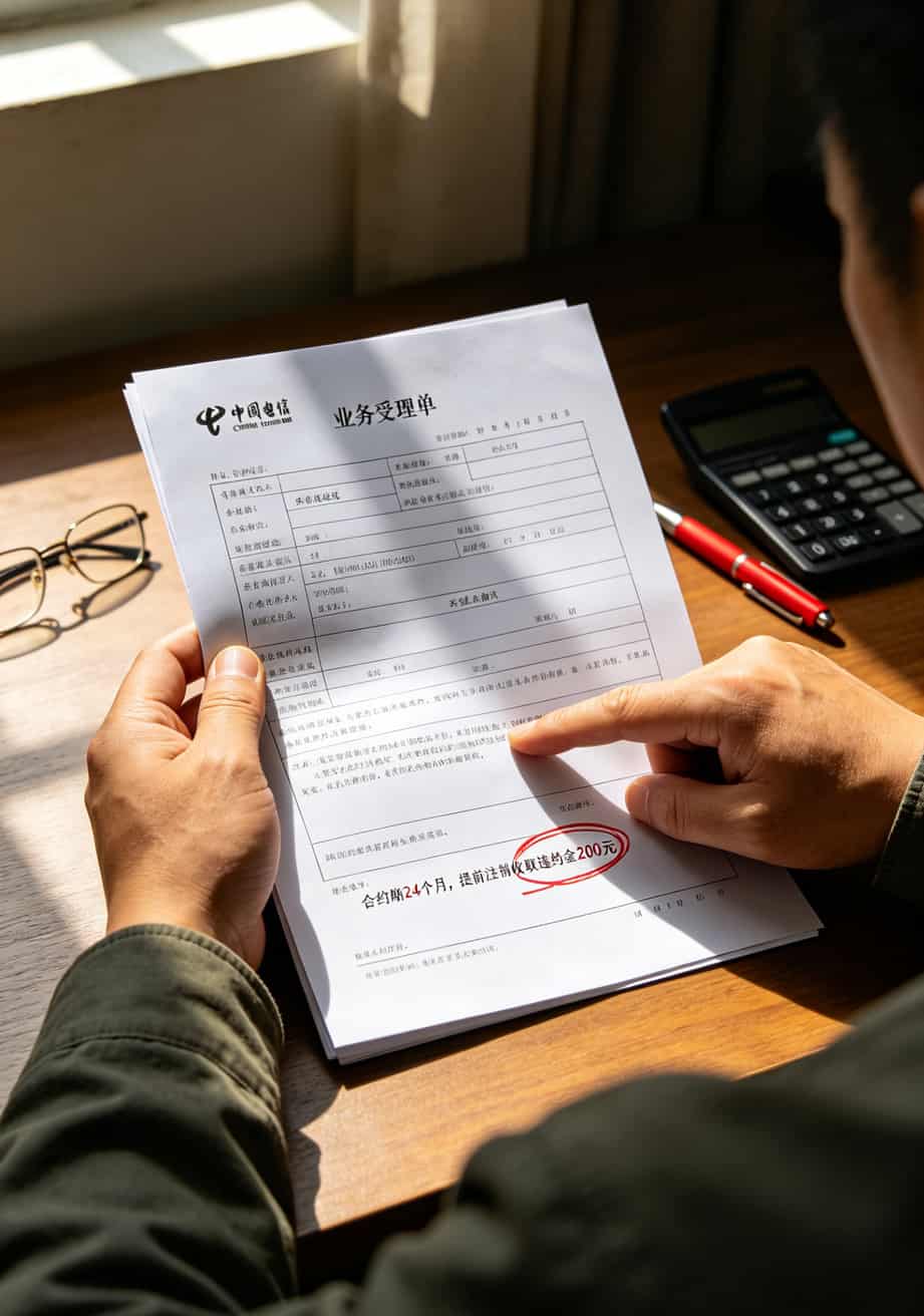 华为随身WiFi插电信那种卡流量多?两年换了四张卡,这些大实话没人告诉你 合同合约期小字警示示例