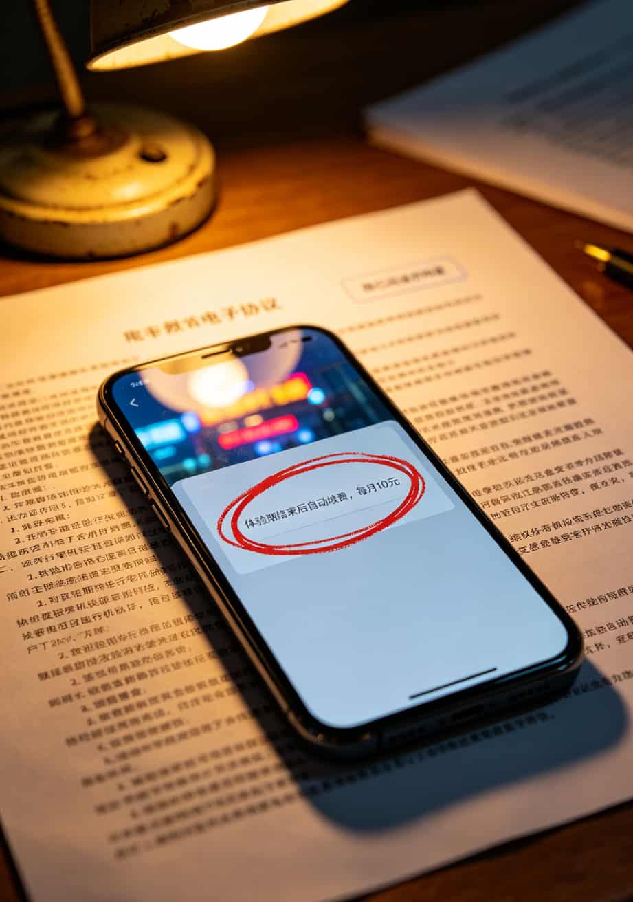 19元100g流量卡坑了我半年,换电信永久29元流量卡后才算真正省心 手机协议截图,用小字标注的自动续费条款被红圈标出