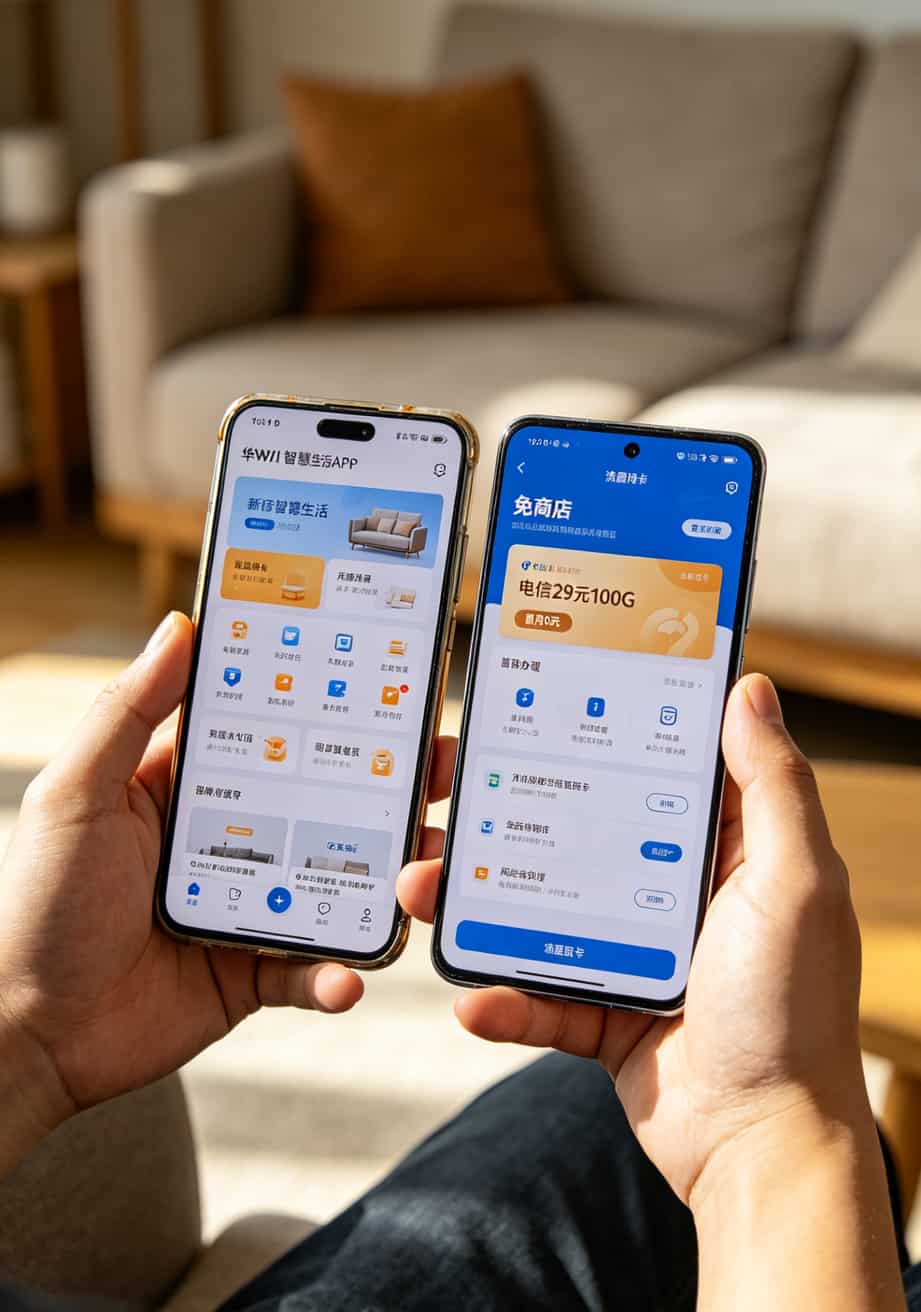 华为随身WiFi配卡血泪史:E5375/C5/WiFi3用户必看,办理流量卡流量卡入口这样选不踩坑 华为智慧生活APP免商店入口截图,显示流量卡办理页面