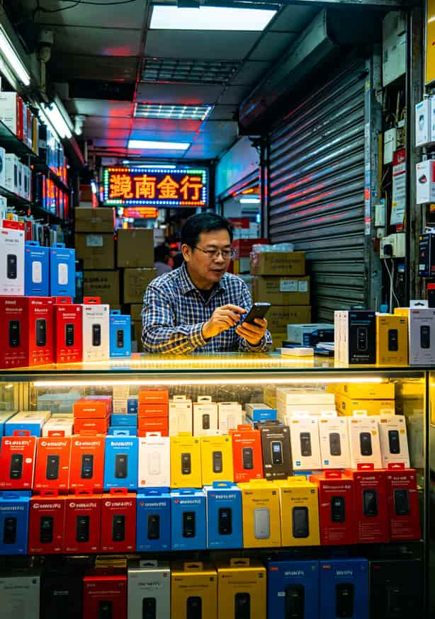 20g流量的卡到底够不够用?我废了四台随身WiFi才整明白 深圳华强北电子市场柜台,摆满各种随身WiFi设备