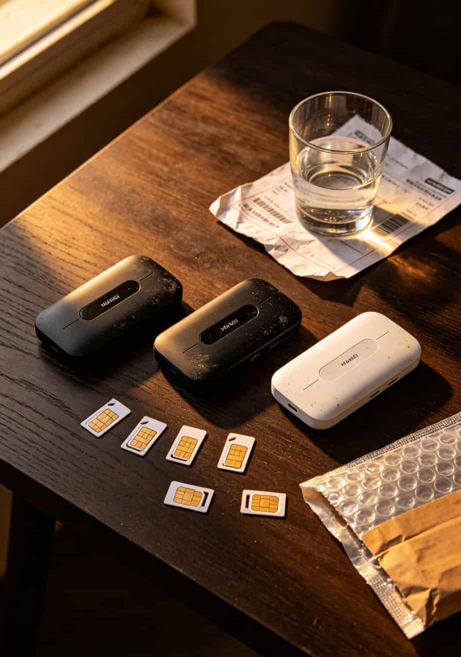 华为随身WiFi千万别瞎配!我测了12张4g流量卡全国纯上网,说点大实话 老周手头的华为随身WiFi和几张流量卡摆在一起