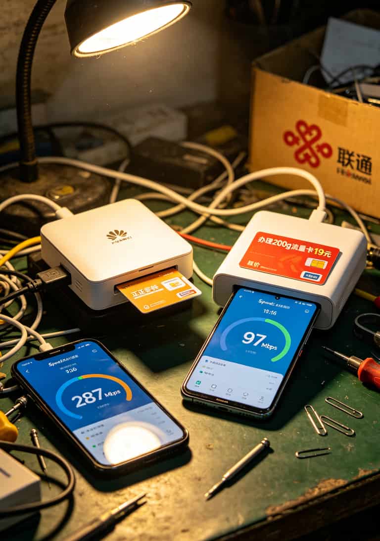 200G流量19元?我拿华为随身WiFi试了三个月,欠费67块,告诉你真相 华为随身WiFi测速对比,右侧显示限速97Mbps