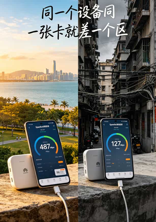 充值流量卡别再乱买了!我踩过的坑比你吃的盐还多(附校园卡/随身WiFi真实测评) 华为5G随身WiFi在深圳湾公园和宝安西乡的网速对比柱状图