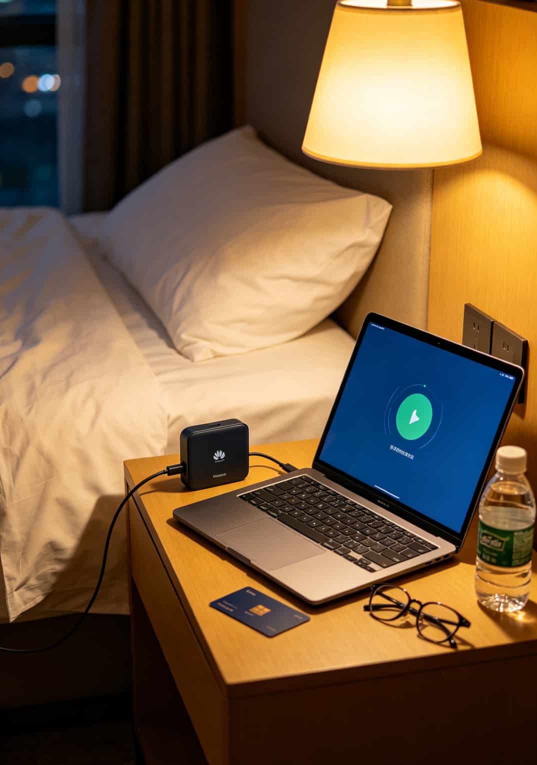 华为5G随身WiFi放在酒店床头柜连着笔记本和平板
