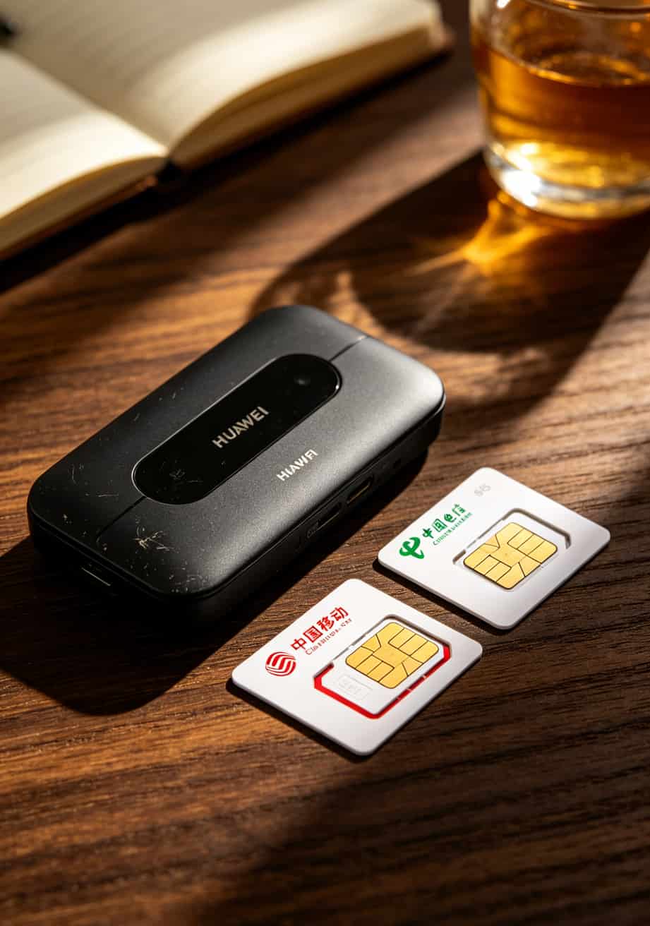 华为5G随身WiFi流量卡避坑指南:一张便宜又好用流量卡让我三年省两千 华为5G随身WiFi设备实拍,旁边放着一张电信流量卡和移动定制版对比