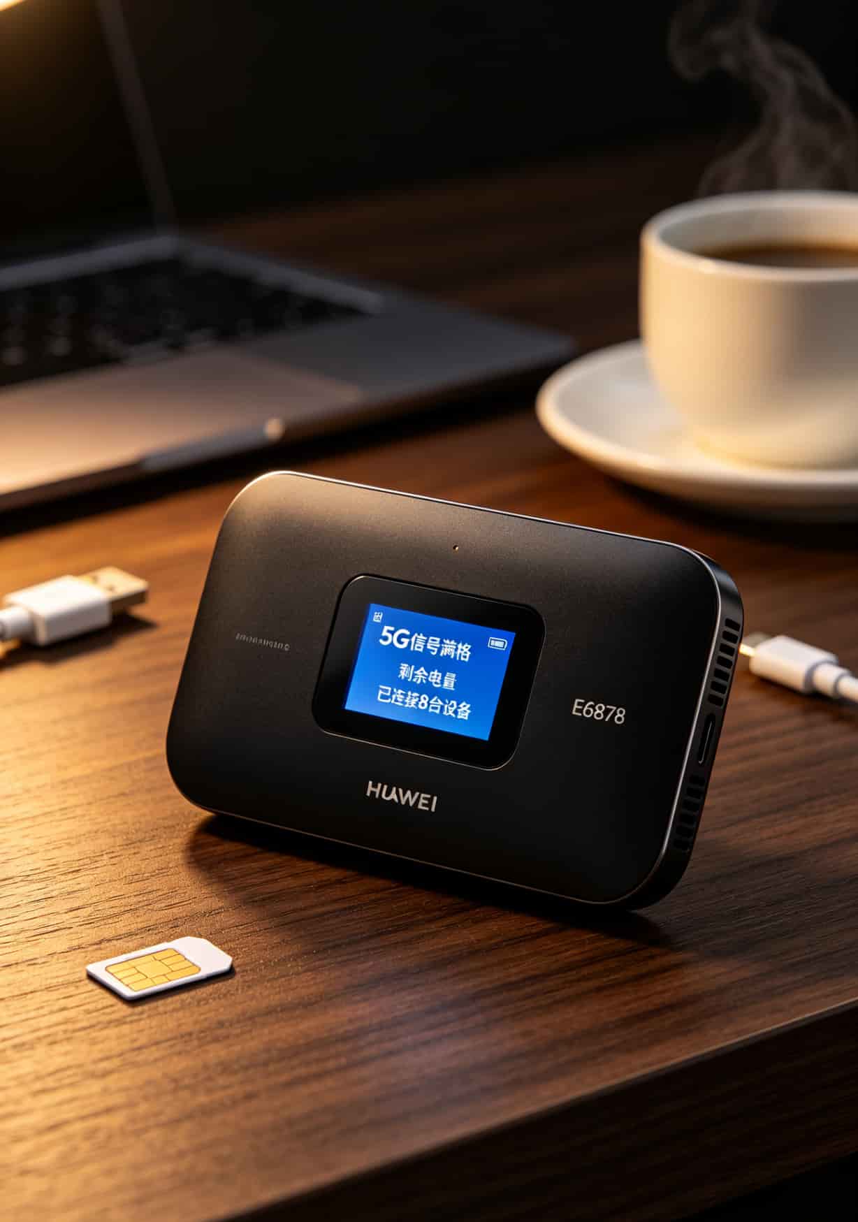 华强北被骗499块后,我拿华为6G随身WiFi实测了那张2021移动流量卡,结果出乎意料 华为6G随身WiFi 6设备E6878型号实拍,正面显示屏幕和天线设计