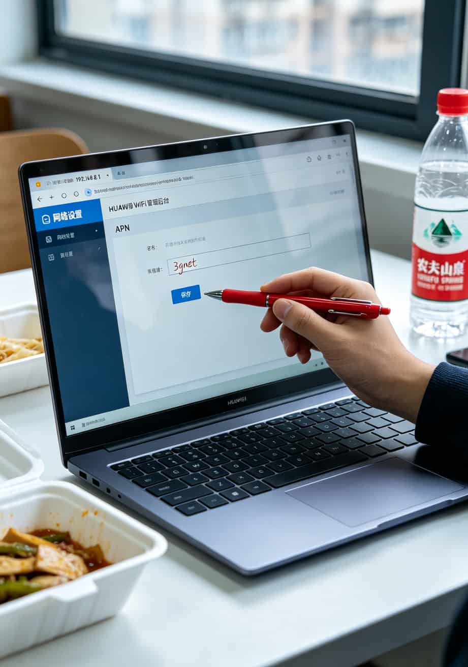 华为随身WiFi配啥电话卡流量卡移动最省钱?我用了6张卡踩遍所有坑,这份避坑清单你收好 华为E5785管理后台APN设置界面截图,箭头标注手动添加位置