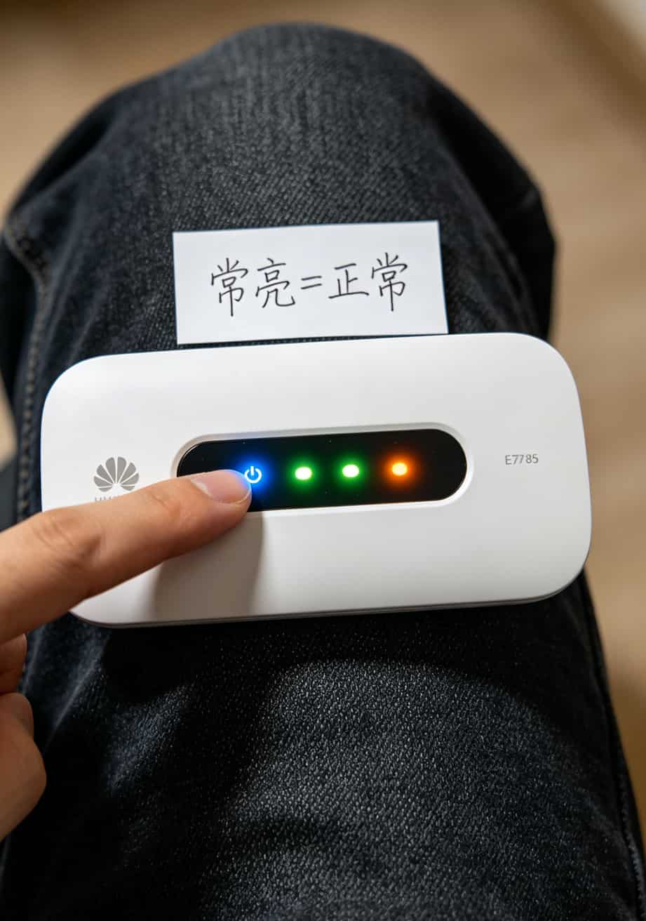 华为随身WiFi配啥电话卡流量卡移动最省钱?我用了6张卡踩遍所有坑,这份避坑清单你收好 华为随身WiFi指示灯状态说明图,标注信号灯常亮代表正常