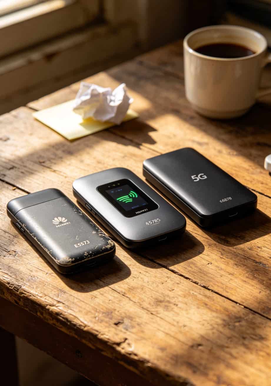 华为随身WiFi配啥电话卡流量卡移动最省钱?我用了6张卡踩遍所有坑,这份避坑清单你收好 华为随身WiFi不同型号对比图,包含E5573、E5785和5G版E6878