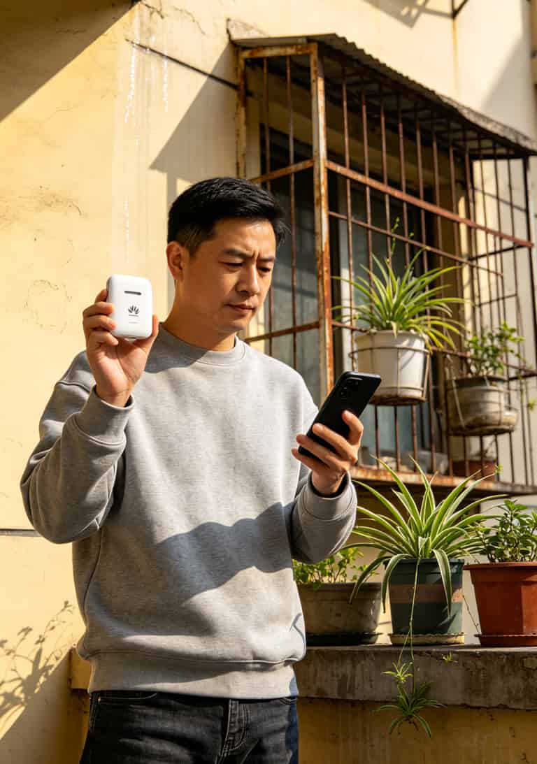 作者手持华为随身WiFi站在杭州老小区阳台测信号