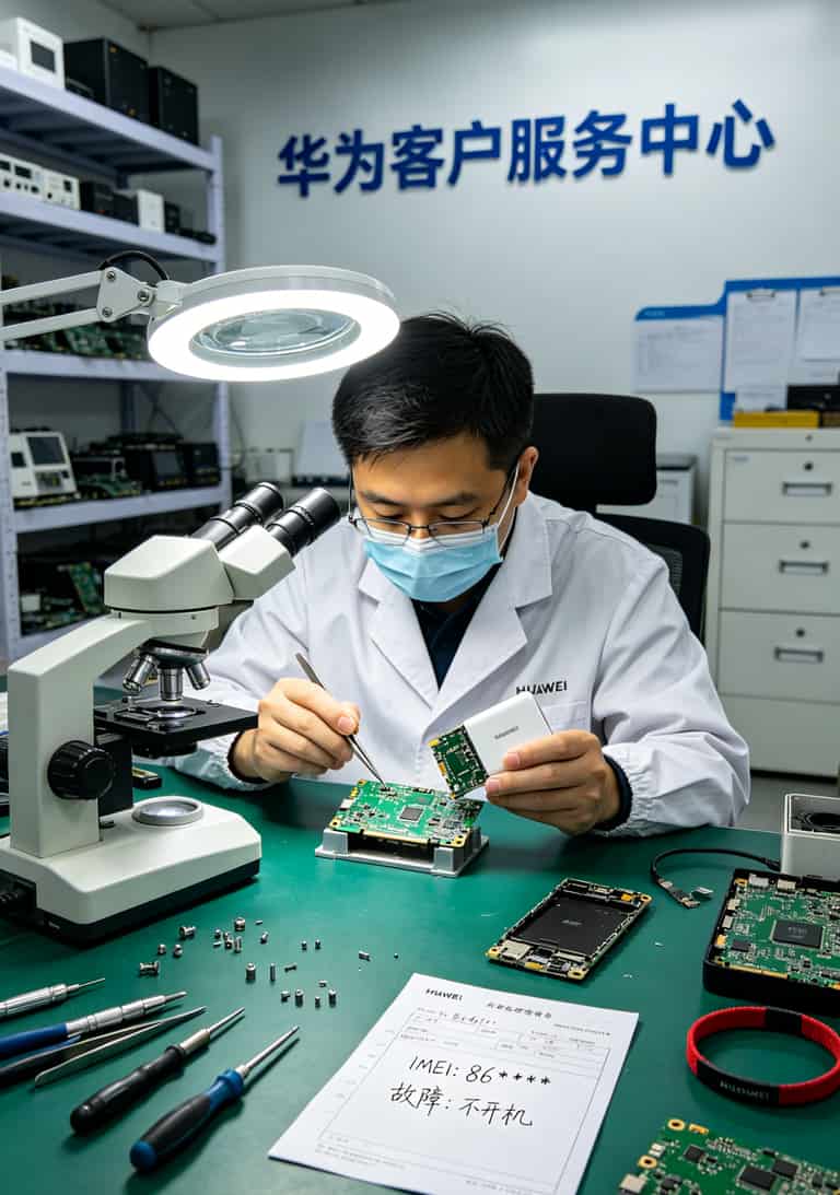 华强北被骗499块后,我拿华为6G随身WiFi实测了那张2021移动流量卡,结果出乎意料 华为官方售后服务中心检测设备场景,工作人员正在检查随身WiFi