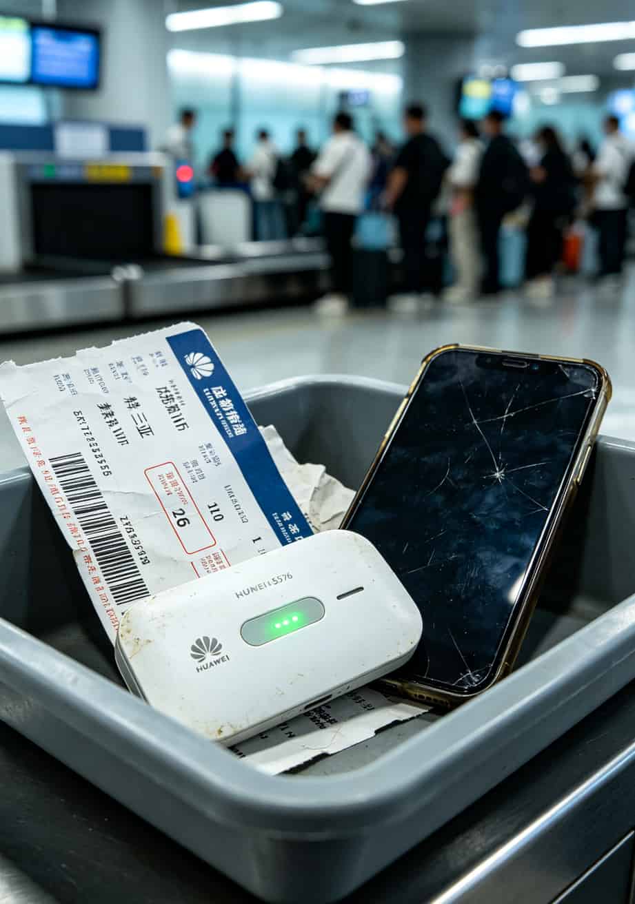 华为E5576随身WiFi放在登机牌旁边，安检托盘里