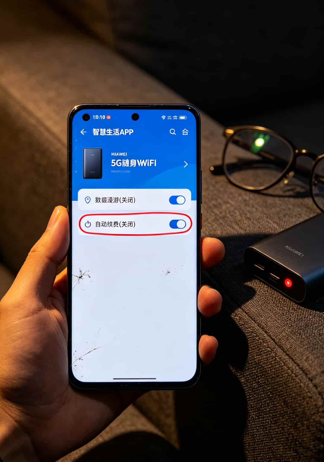 华为智慧生活APP设置界面，红框标出“数据漫游”和“自动续费”开关