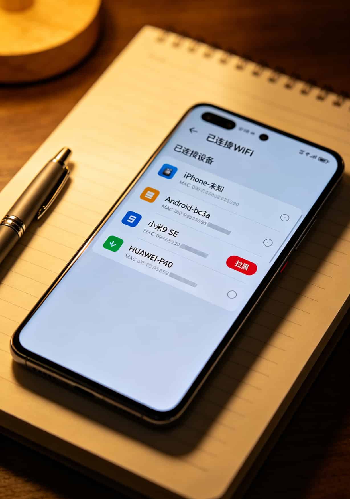 华为随身WiFi接入设备管理页面，显示3个陌生设备被拉黑，MAC地址打码